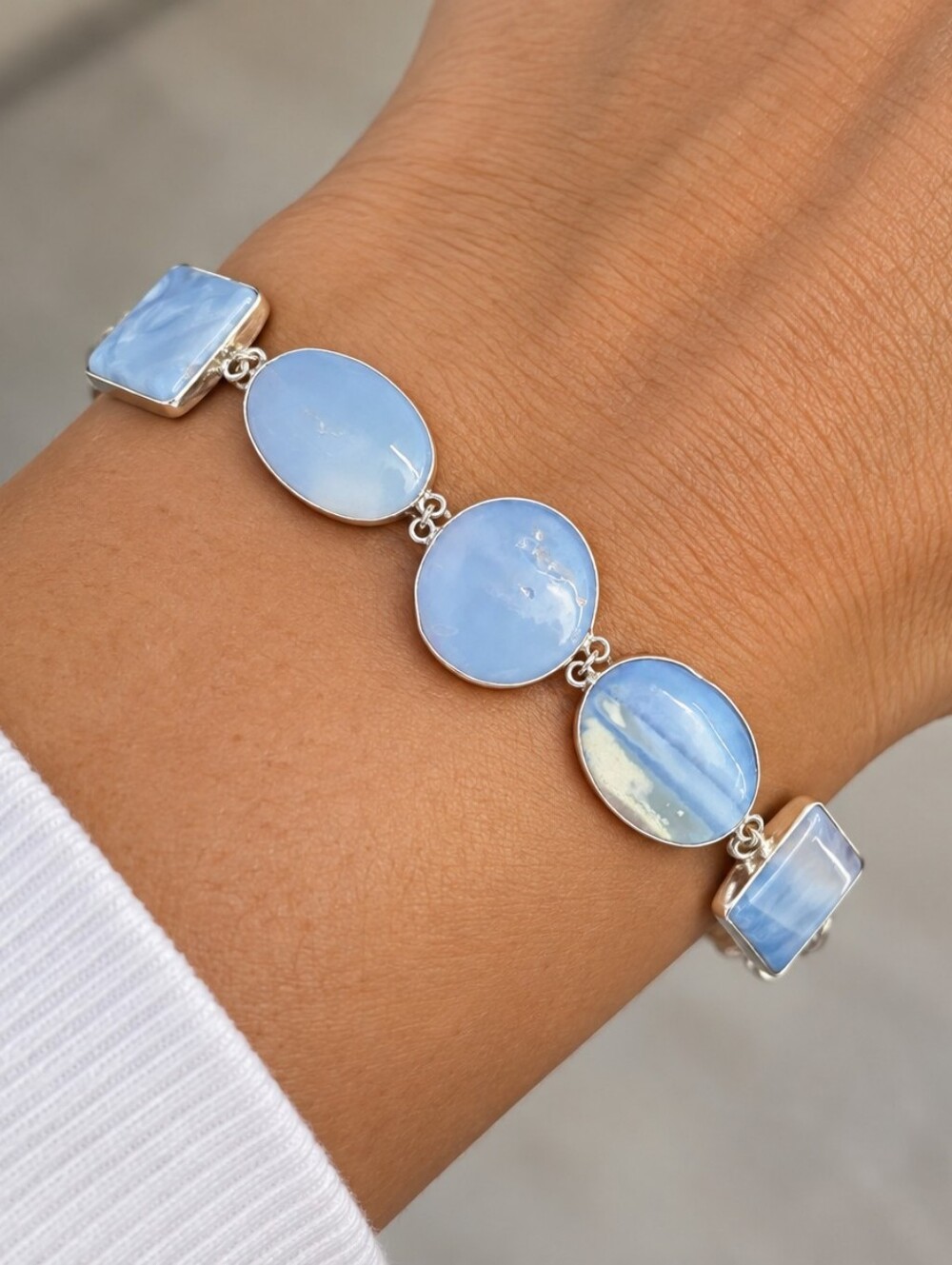 Blue Banded Stone Bracelet Silver Tone Adjustable Five Stone Design